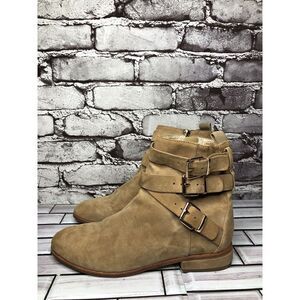 RAYE Beige Suede Leather Side Zipper Ankle Strap Booties Women’s Sz 37EU/6.5M US